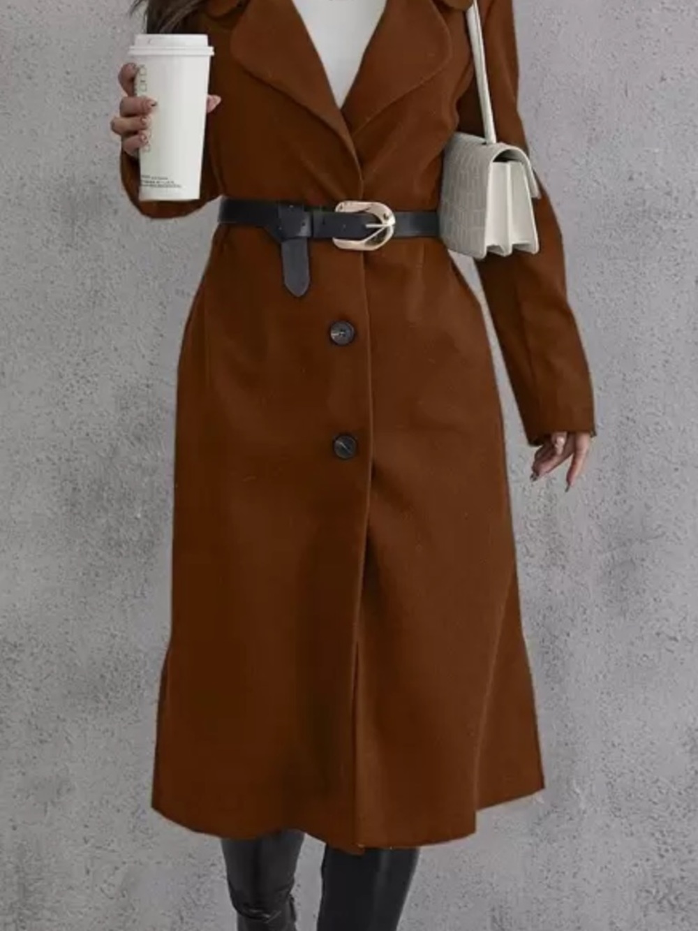 Brown Long Wool-Style Button Coat with Black Belt